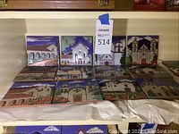 Eleven tiles arranged on shelf showing multiple mission illustrations in blue and green palette