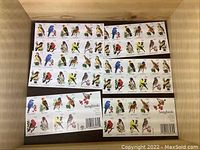 Full view of all 21 songbird postage stamps arranged in sheets inside a drawer.