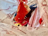 Top view of travel bags and Mardi Gras feather mask inside a plastic bag