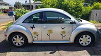 Silver 2000 VW Beetle side profile with floral and butterfly decals