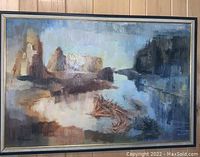 Front view of 'Still Waters' acrylic painting showing the full framed artwork on wood paneling background.