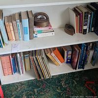 White shelf with multiple hardcover and paperback books, two iron bookends shaped like old irons, and vintage vinyl records on lower shelf