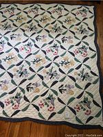 Full view of the quilt spread out showing the repeating bird and floral pattern with the dark floral border.