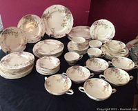 Overall layout of set with plates, saucers, bowls and cups on black background
