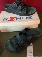 Pair of Rohde blue leather sandals on and near Rohde branded box, with lot tag visible