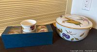 Photo showing the boxed set of six ramekins with grape design, covered serving bowl with fruit motif and lid