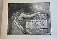 Black and white detailed illustration of a woman leaning on a stone inscribed with 'LENORE'.
