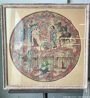 Full view of the framed circular watercolor painting depicting garden scene with figures and many roses.