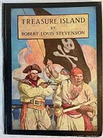 Front cover showing illustrated paper cover depicting three pirates with weapons and a pirate flag under blue sky and clouds.