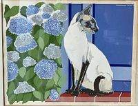 Full view of the framed silkscreen print depicting a Siamese cat with blue hydrangeas on a vibrant blue background.