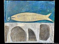 Front view of the mixed media painting showing the gold fish, the white fishhook on the left, and gray arches below, against a blue background.