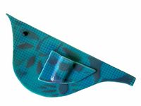 Top view of the blue glass bird wall art highlighting the grid texture and leaf pattern with black bead eye and small folded wing forming pocket.