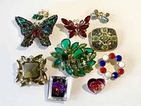 Overview of the full lot including nine pins and one pair of earrings arranged on a flat surface showing various designs and colors.