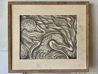 Framed pencil drawing of abstract geese on paper with mat, showing the full artwork and framing.