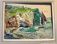 Close-up image of the watercolor showing the coastal cliffs, ocean, and artist signature Pouzzner on the bottom right.