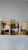 White wall cabinets with various garden, auto, and home maintenance products arranged inside them along with electrical cords and small boxes.