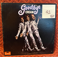 Front cover of Cream 'Goodbye' vinyl LP record showing the band members and title with a grading sticker VG+ media condition.