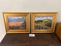 Set of two framed signed paintings showing vineyard landscape with mountains, placed side by side on a dark wooden surface.