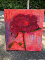 Front view of square board painting showing large red flower on textured pink and red background.