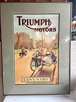 Framed vintage Triumph Motors Coventry poster, matted and under glass.