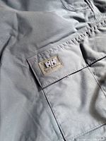 Close-up of Helly Hansen logo patch on the cargo pocket of blue snow pants.