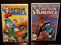 Photo showing Captain America comics #279 and #285 side by side, displaying cover art and titles.
