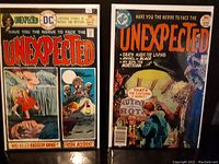 Photo of two comic books side by side: DC Unexpected #168 and #179 with detailed cover art and text.