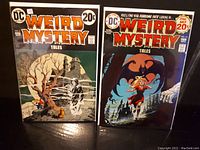 Photo of two DC Comics Weird Mystery Tales comic books, issue #6 on the left and issue #14 on the right, showing front covers with colorful horror-themed illustrations.