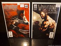Photo of two Wolverine Weapon X comics #2 and #3 with variant covers shown upright in protective sleeves on a reflective surface.
