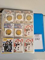 View of a page with six Wayne Gretzky collectible coins and multiple Gretzky hockey cards in protective sleeves in a blue binder.