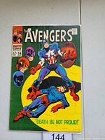 Front cover showing the issue #56 of The Avengers with Captain America on cover and subtitle 'Death Be Not Proud.'