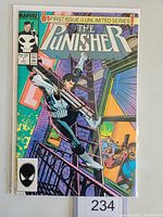 Front cover of The Punisher #1 comic book 1987 showing character descending fire escape with weapons, surrounded by colorful city background.