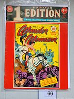 Front cover of comic book showing Famous First Edition Wonder Woman #1 treasury size reprint from 1975, original 1942 artwork.