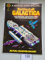 Front cover of Marvel Super Special #8 Battlestar Galactica comic book showing colorful Battlestar Galactica spaceship illustration and title.