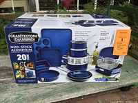 Photo of boxed Granitestone Diamond 20 piece non-stick aluminum cookware and bakeware set showing the product and packaging in blue color.