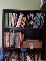 Bookshelf with multiple rows of military and airplane themed reference books in varying conditions.