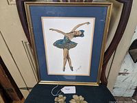 Full framed view of the gouache painting depicting a ballerina in blue tutu, signed by Jane Cappiello.