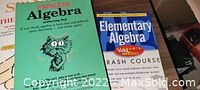 Two algebra books: 'Algebra' with green cover and owl illustration, 'Elementary Algebra Crash Course' blue cover