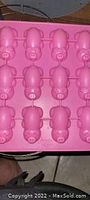 Photo showing pink silicone mold with 12 flying pig cavities laid flat.