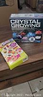 Photo showing Crystal Growing Science Kit and Make Your Own Eraser Kit boxes on a wooden surface.