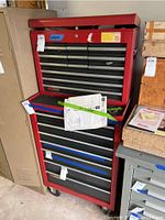 Front view of stacked tool chest and rolling cabinet