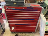 Front view of closed toolbox showing all seven drawers and Snap-on logo