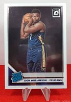 Front of the 2019-20 Donruss Optic Rated Rookie Zion Williamson basketball card, showing the player in Pelicans uniform and Rated Rookie logo.
