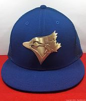 Front view of blue baseball cap with metallic gold Toronto Blue Jays logo on front panel, solid blue bill.