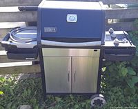 Weber Spirit brand gas grill BBQ with blue lid, side shelves, and stainless steel double-door cabinet base.