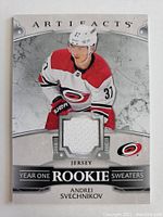 Front side of the 2018-2019 Andrei Svechnikov rookie jersey card showing player image and embedded jersey piece.