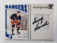 Front of NHL Harry Howell autographed card in Rangers uniform with autograph.