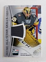 Front of the 2019 NHL All-Star Skills Marc-Andre Fleury trading card with embedded event-used jersey piece in black fabric.