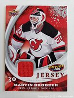 Front of the Upper Deck Power Play hockey card with image of Martin Brodeur and embedded red jersey fabric swatch.