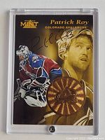 Clear full view of the Patrick Roy Pinnacle Mint Collection medallion card in plastic case showing front and autograph